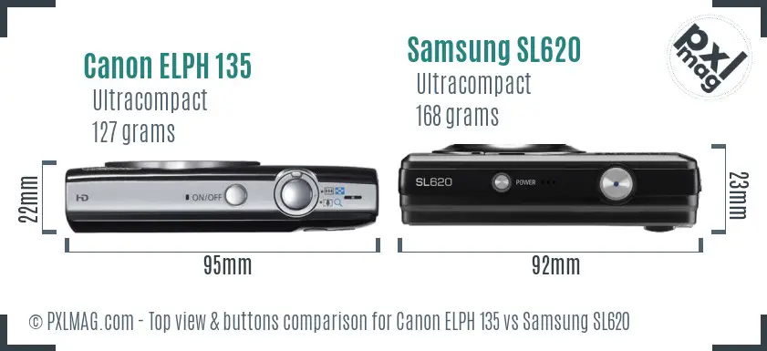 Canon ELPH 135 vs Samsung SL620 top view buttons comparison