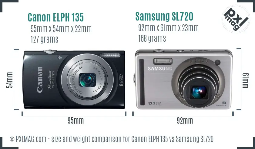 Canon ELPH 135 vs Samsung SL720 size comparison