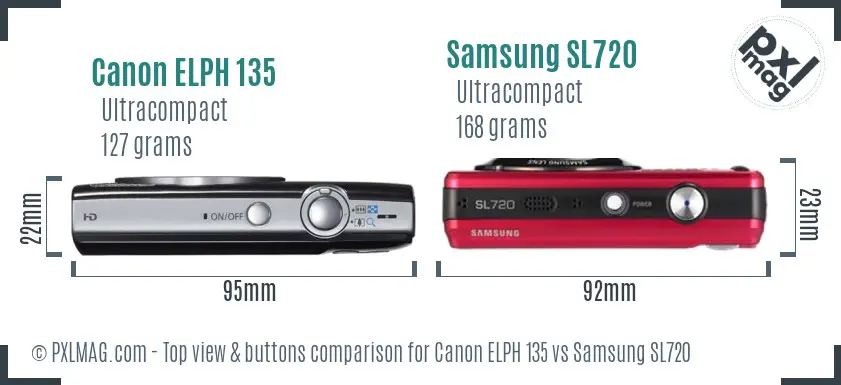 Canon ELPH 135 vs Samsung SL720 top view buttons comparison