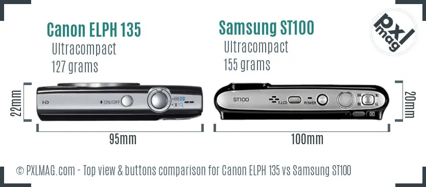 Canon ELPH 135 vs Samsung ST100 top view buttons comparison