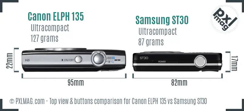 Canon ELPH 135 vs Samsung ST30 top view buttons comparison