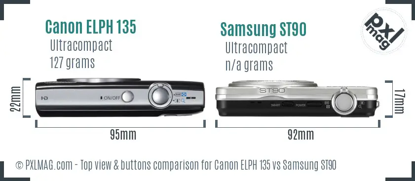 Canon ELPH 135 vs Samsung ST90 top view buttons comparison Canon ELPH 135 vs Samsung ST90 top view buttons comparison