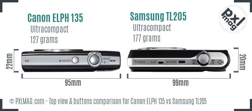 Canon ELPH 135 vs Samsung TL205 top view buttons comparison