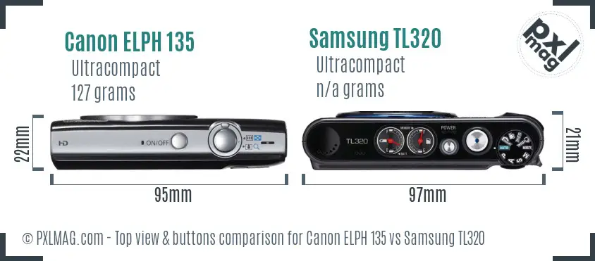 Canon ELPH 135 vs Samsung TL320 top view buttons comparison