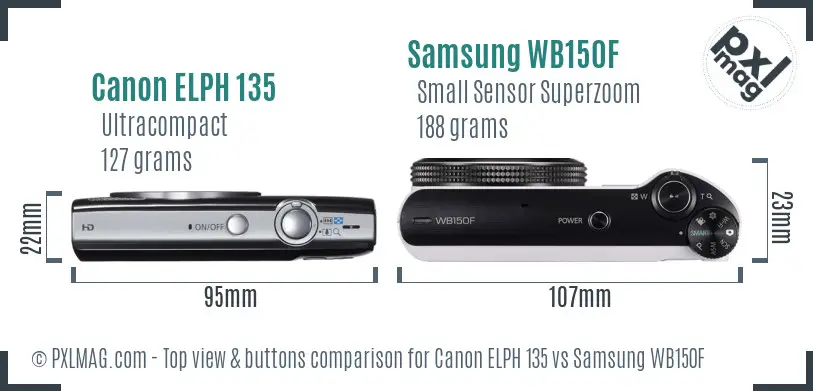 Canon ELPH 135 vs Samsung WB150F top view buttons comparison