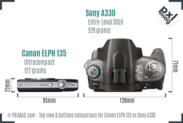 Canon ELPH 135 vs Sony A330 top view buttons comparison