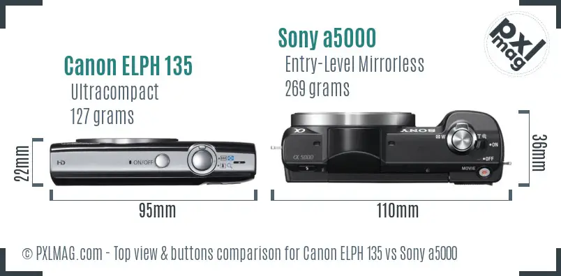 Canon ELPH 135 vs Sony a5000 top view buttons comparison