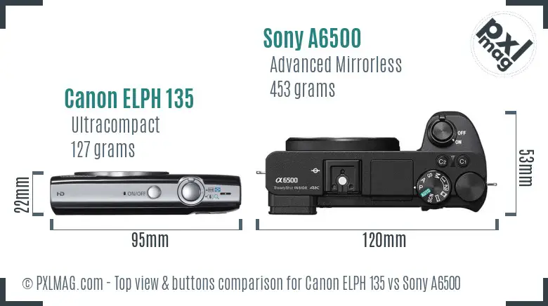 Canon ELPH 135 vs Sony A6500 top view buttons comparison
