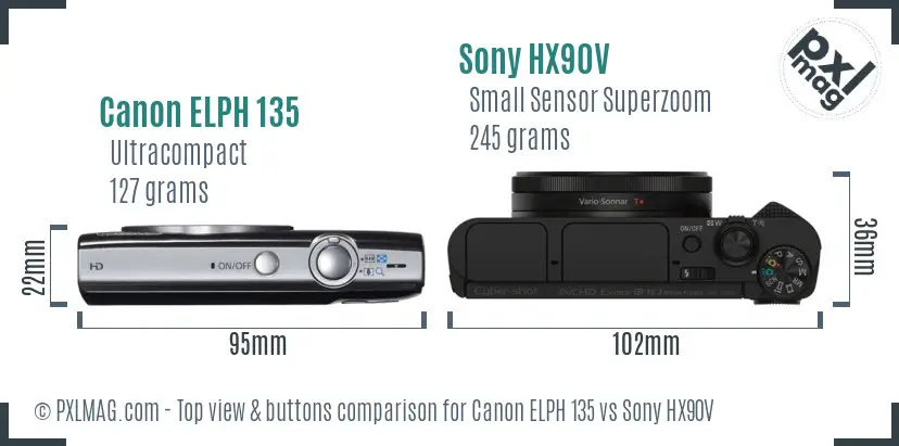 Canon ELPH 135 vs Sony HX90V top view buttons comparison
