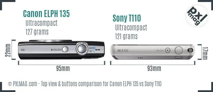 Canon ELPH 135 vs Sony T110 top view buttons comparison