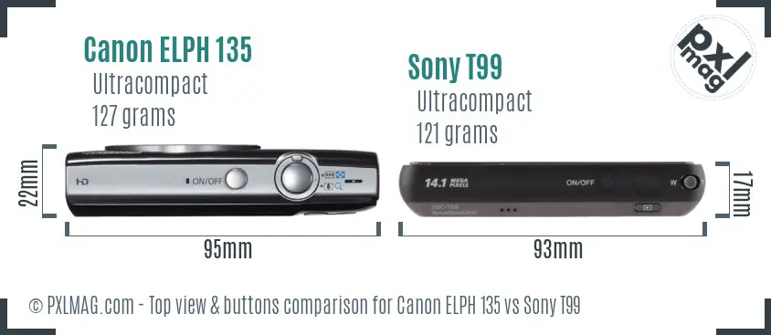 Canon ELPH 135 vs Sony T99 top view buttons comparison