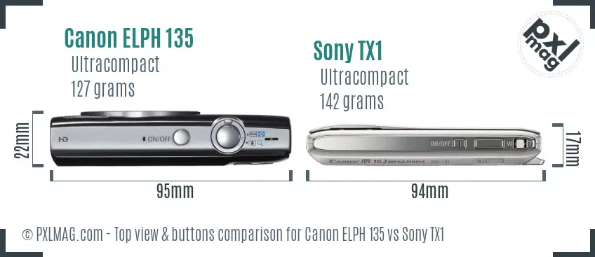 Canon ELPH 135 vs Sony TX1 top view buttons comparison