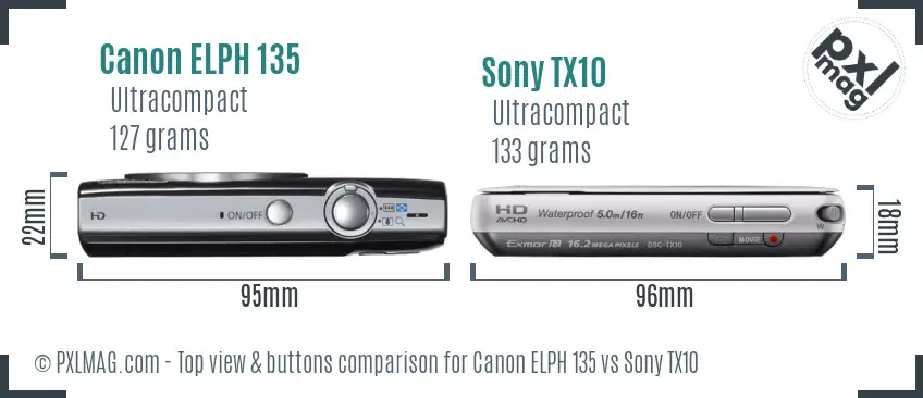 Canon ELPH 135 vs Sony TX10 top view buttons comparison