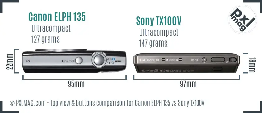 Canon ELPH 135 vs Sony TX100V top view buttons comparison
