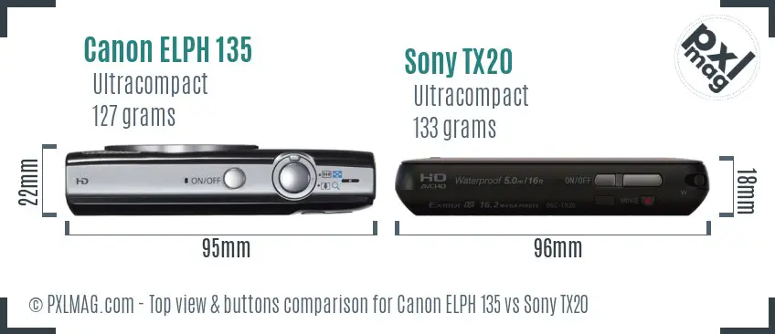 Canon ELPH 135 vs Sony TX20 top view buttons comparison