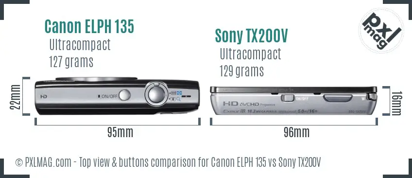 Canon ELPH 135 vs Sony TX200V top view buttons comparison