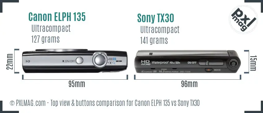 Canon ELPH 135 vs Sony TX30 top view buttons comparison