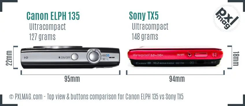 Canon ELPH 135 vs Sony TX5 top view buttons comparison