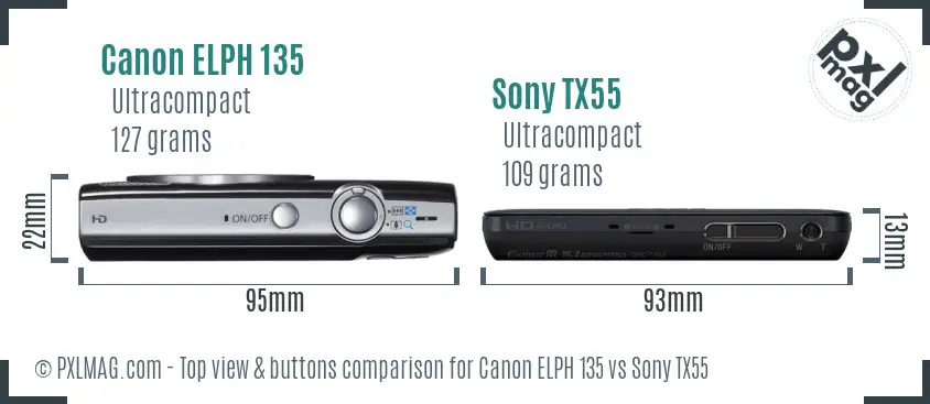 Canon ELPH 135 vs Sony TX55 top view buttons comparison
