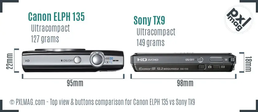 Canon ELPH 135 vs Sony TX9 top view buttons comparison