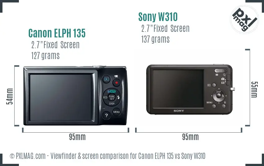Canon ELPH 135 vs Sony W310 Screen and Viewfinder comparison