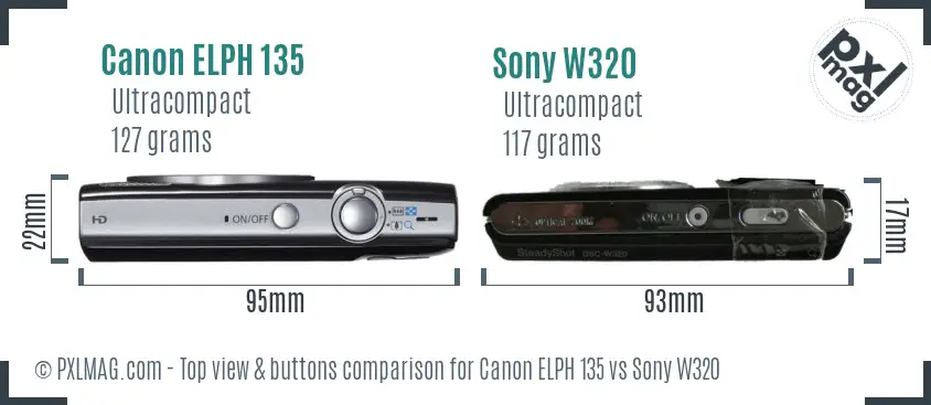 Canon ELPH 135 vs Sony W320 top view buttons comparison