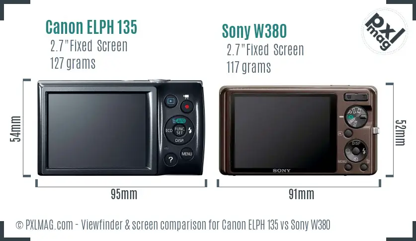 Canon ELPH 135 vs Sony W380 Screen and Viewfinder comparison