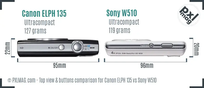 Canon ELPH 135 vs Sony W510 top view buttons comparison