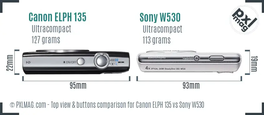 Canon ELPH 135 vs Sony W530 top view buttons comparison