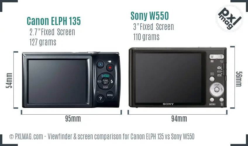 Canon ELPH 135 vs Sony W550 Screen and Viewfinder comparison