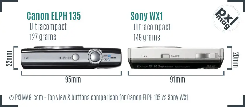 Canon ELPH 135 vs Sony WX1 top view buttons comparison