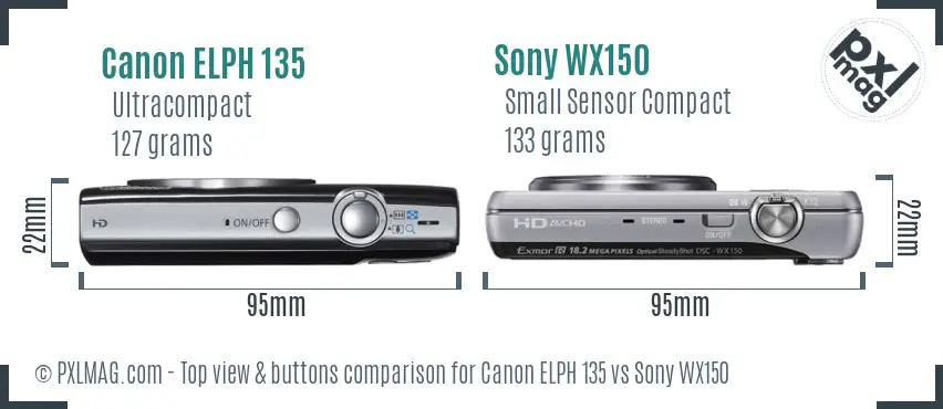 Canon ELPH 135 vs Sony WX150 top view buttons comparison