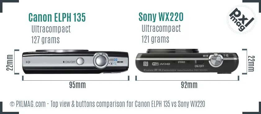 Canon ELPH 135 vs Sony WX220 top view buttons comparison