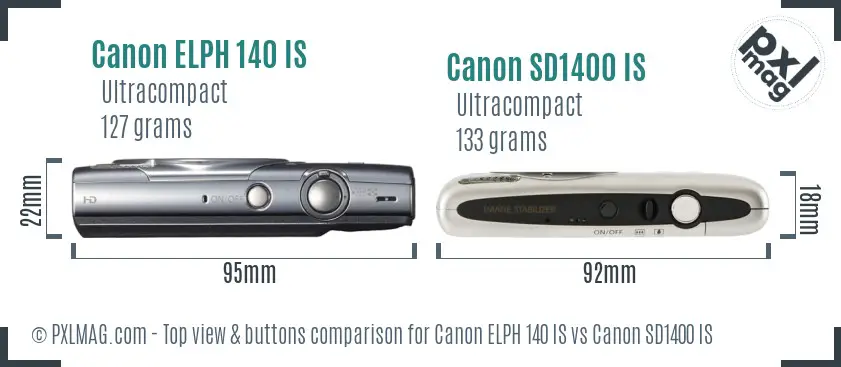 Canon ELPH 140 IS vs Canon SD1400 IS top view buttons comparison Canon ELPH 140 IS vs Canon SD1400 IS top view buttons comparison