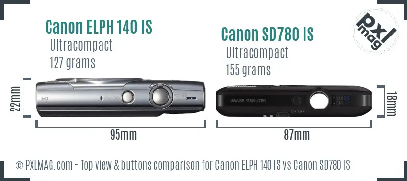 Canon ELPH 140 IS vs Canon SD780 IS top view buttons comparison