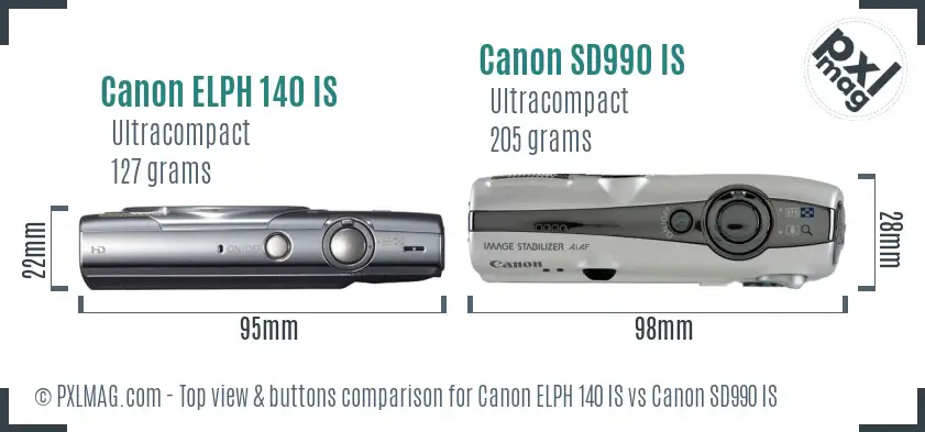 Canon ELPH 140 IS vs Canon SD990 IS top view buttons comparison