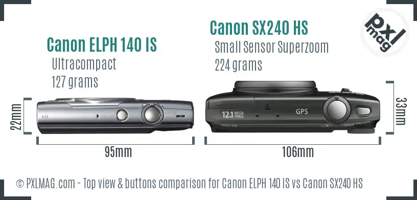 Canon ELPH 140 IS vs Canon SX240 HS top view buttons comparison
