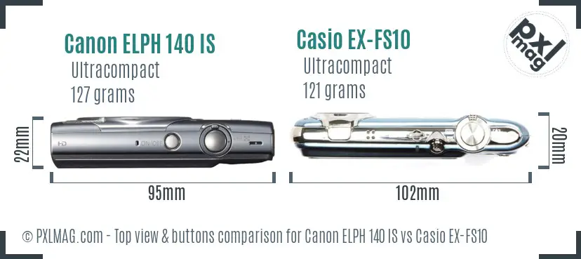 Canon ELPH 140 IS vs Casio EX-FS10 top view buttons comparison