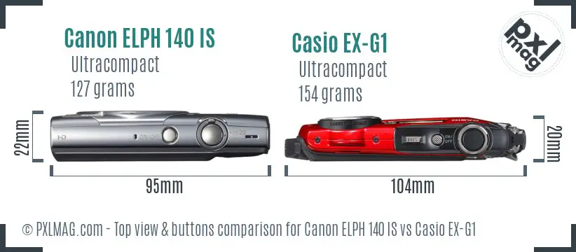 Canon ELPH 140 IS vs Casio EX-G1 top view buttons comparison