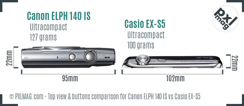 Canon ELPH 140 IS vs Casio EX-S5 top view buttons comparison
