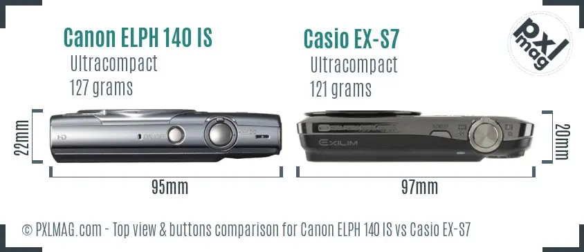 Canon ELPH 140 IS vs Casio EX-S7 top view buttons comparison