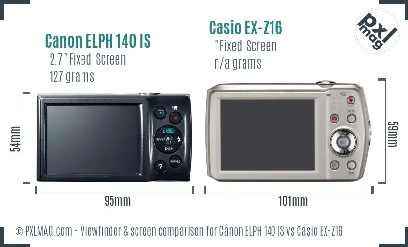 Canon ELPH 140 IS vs Casio EX-Z16 Screen and Viewfinder comparison