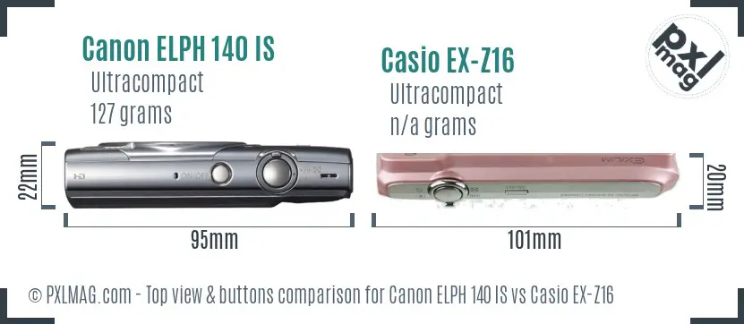 Canon ELPH 140 IS vs Casio EX-Z16 top view buttons comparison