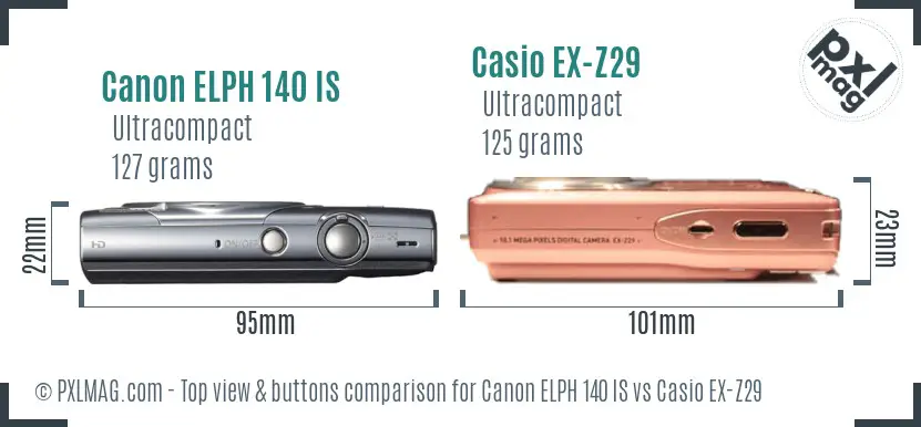 Canon ELPH 140 IS vs Casio EX-Z29 top view buttons comparison Canon ELPH 140 IS vs Casio EX-Z29 top view buttons comparison