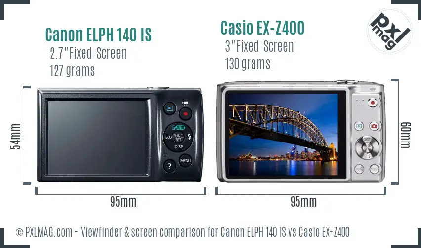 Canon ELPH 140 IS vs Casio EX-Z400 Screen and Viewfinder comparison