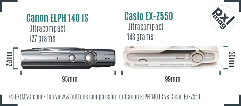 Canon ELPH 140 IS vs Casio EX-Z550 top view buttons comparison Canon ELPH 140 IS vs Casio EX-Z550 top view buttons comparison