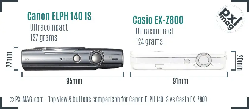 Canon ELPH 140 IS vs Casio EX-Z800 top view buttons comparison