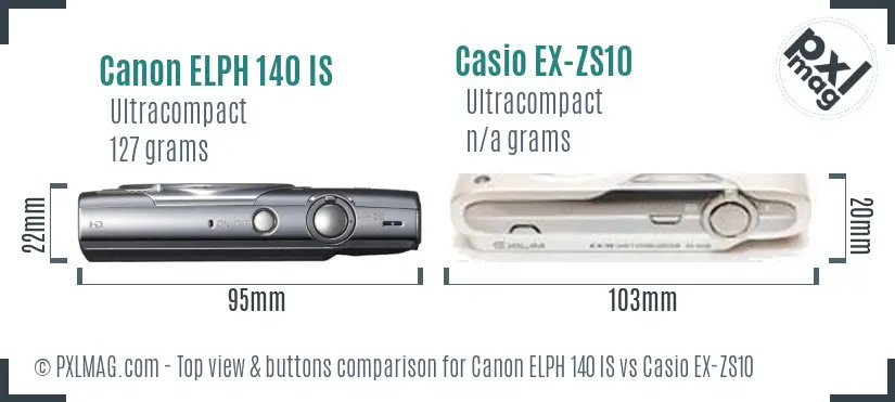 Canon ELPH 140 IS vs Casio EX-ZS10 top view buttons comparison
