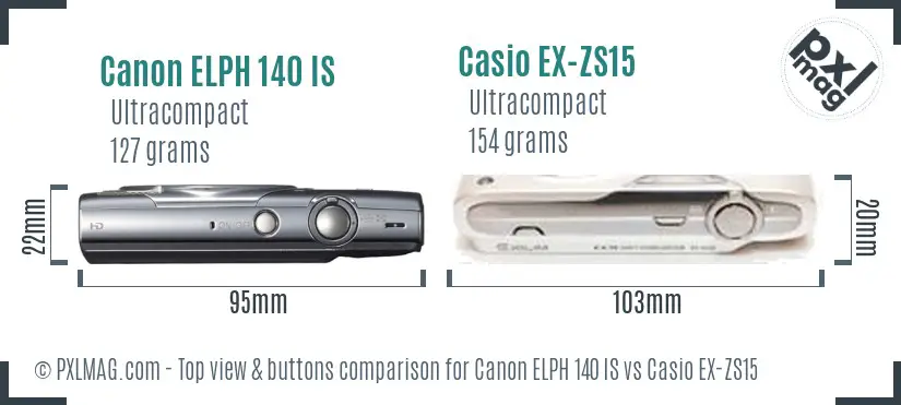 Canon ELPH 140 IS vs Casio EX-ZS15 top view buttons comparison