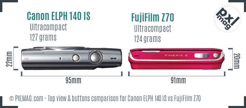 Canon ELPH 140 IS vs FujiFilm Z70 top view buttons comparison